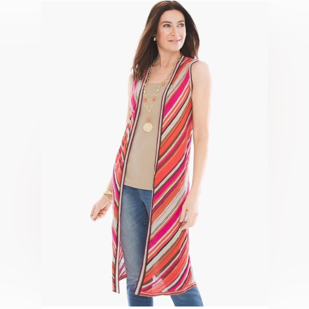 CHICO’S Pink Orange Red Striped Long Open Front Sweater Vest Size 2 Large